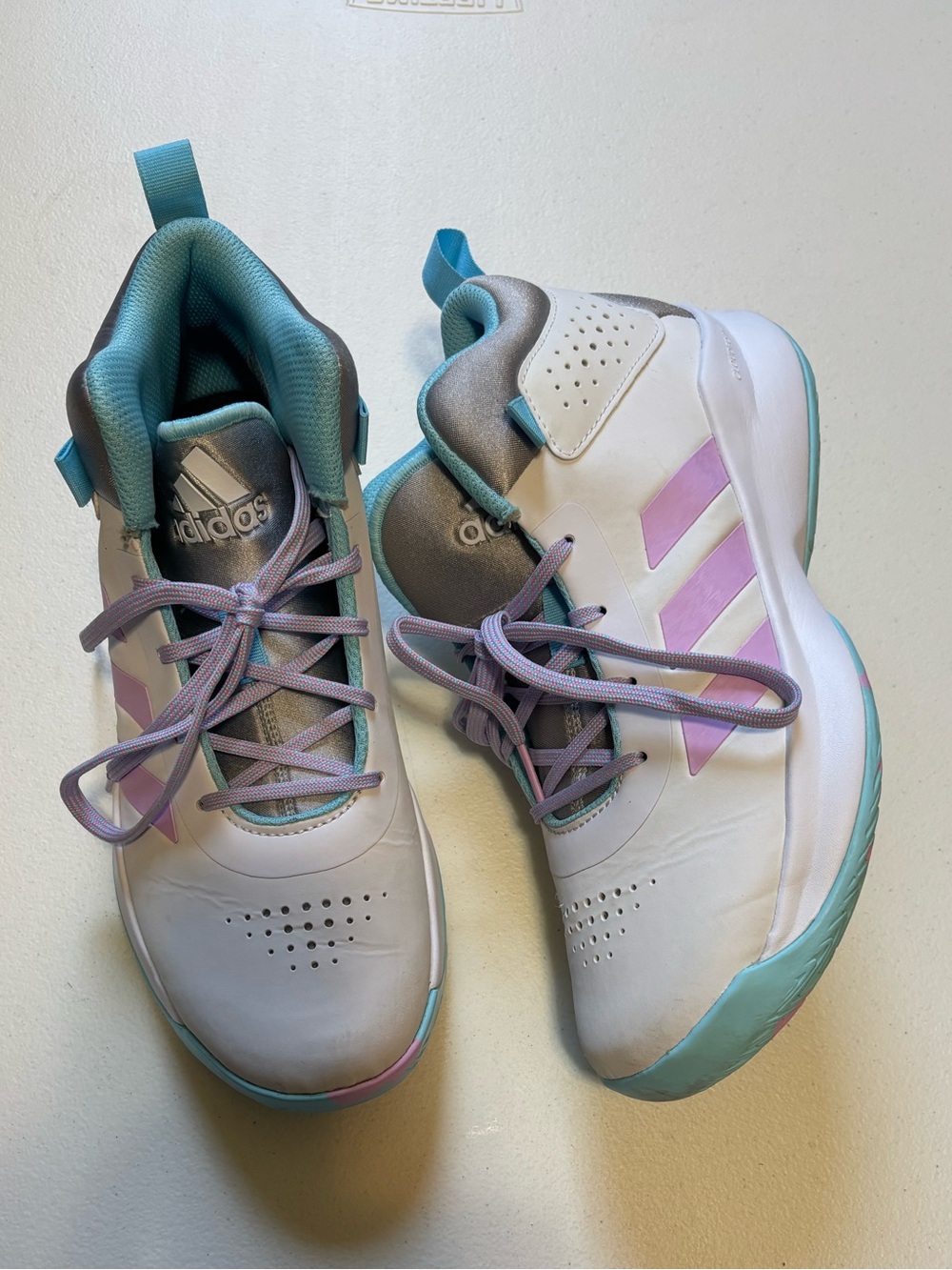 adidas women’s White Sneakers with Purple and Teal Accents